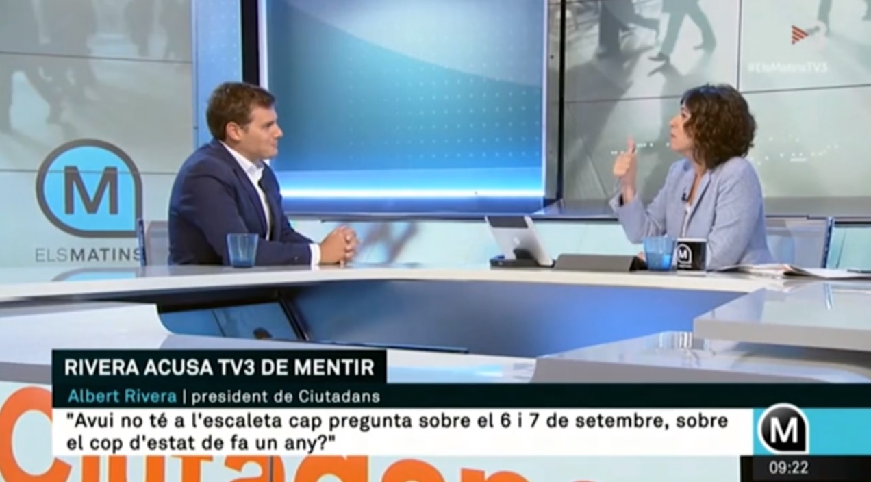 Albert Rivera and Lídia Heredia during the interview on 'Els Matins' on TV3 on September 7 2018 (screenshot of TV3)